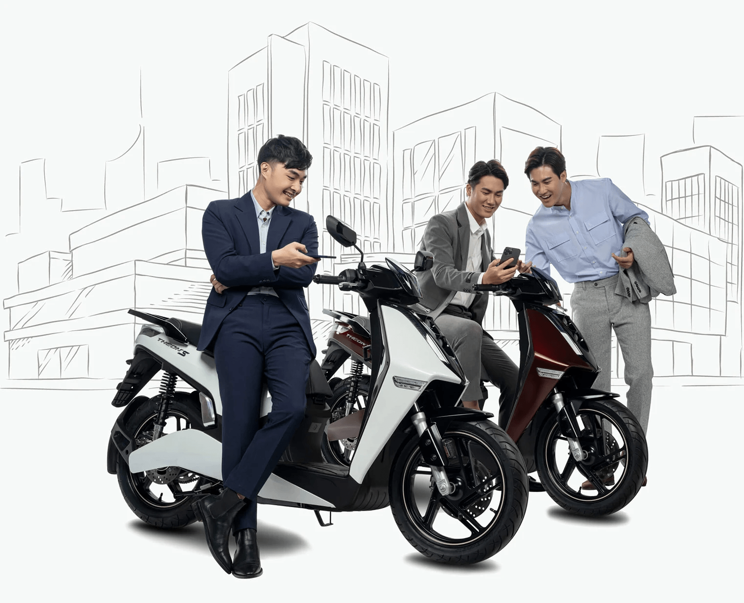 3 người đàn ông doanh nhân cùng chiếc vinfast theon S tại vinfast Đồng Nai