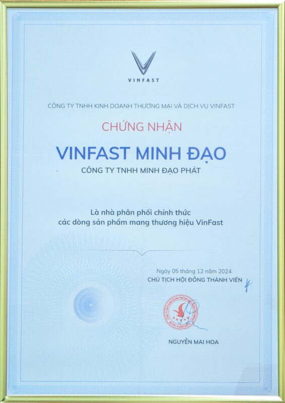 Vinfast Đồng Nai - Vinfast Auto Đồng Nai giấy chứng nhận Vinfast minh đạo